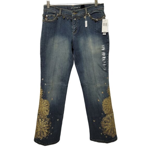 Dkny Denim - DKNY NWT Size 12 Jeans Denim Gold Glitter So Low Lita Chain Belt Boot Distressed